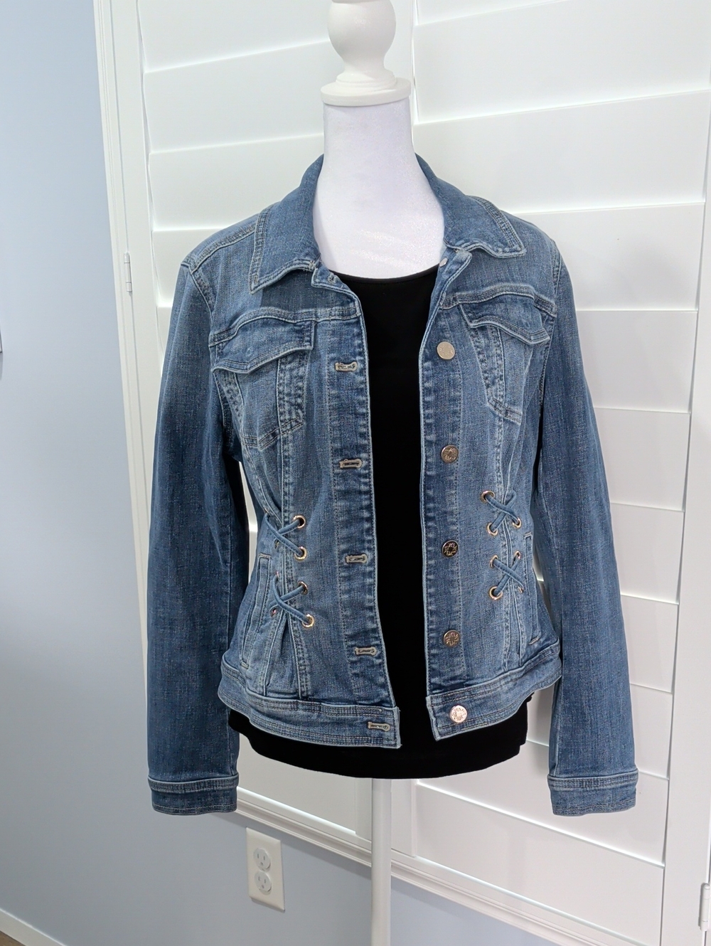White House Black Market Classic Blue Denim Jacket with Lace-Up Sides